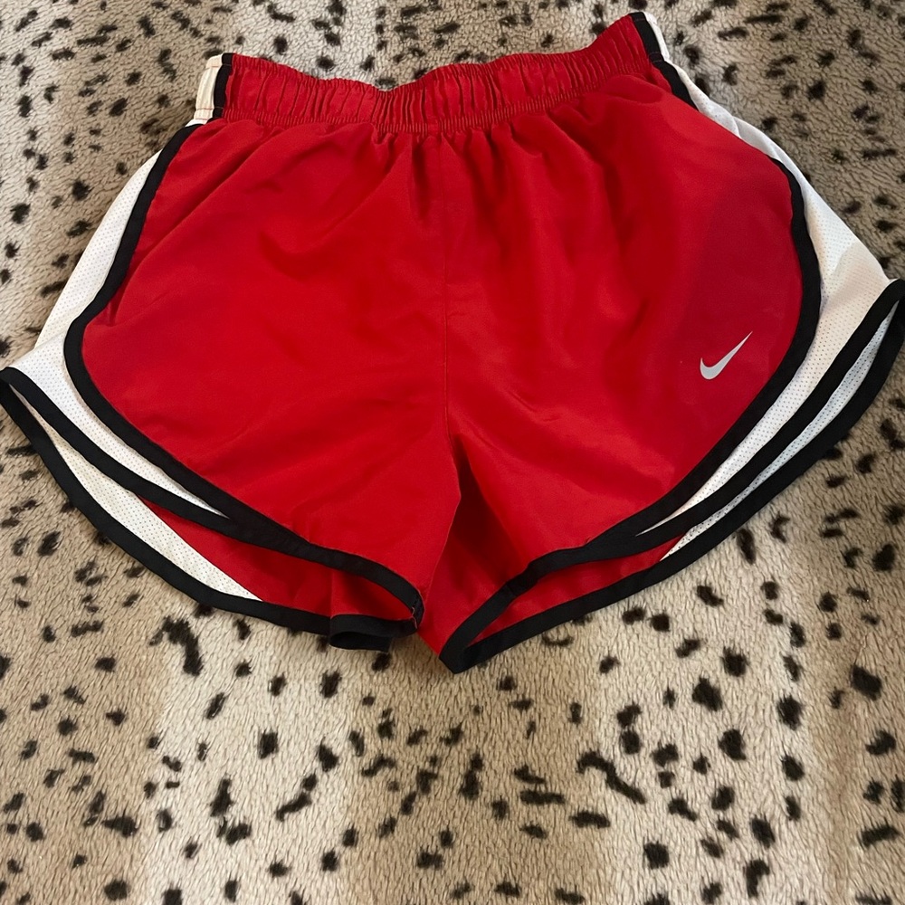 Nike Red and White Athletic Shorts with Curved Hem
